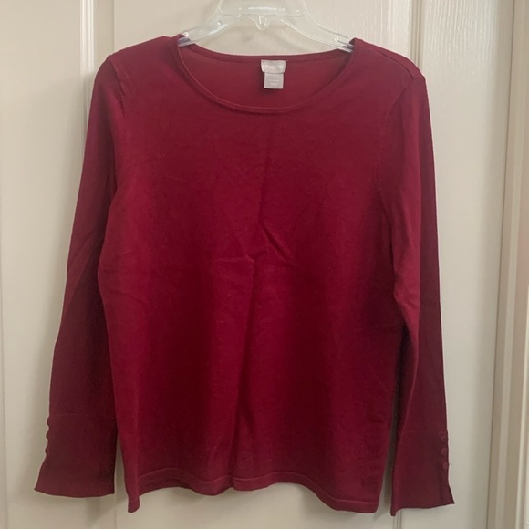Chicos Burgundy Knit Crew Neck Sweater Covered Button Detail Pullover Size M (1) - Picture 4 of 7